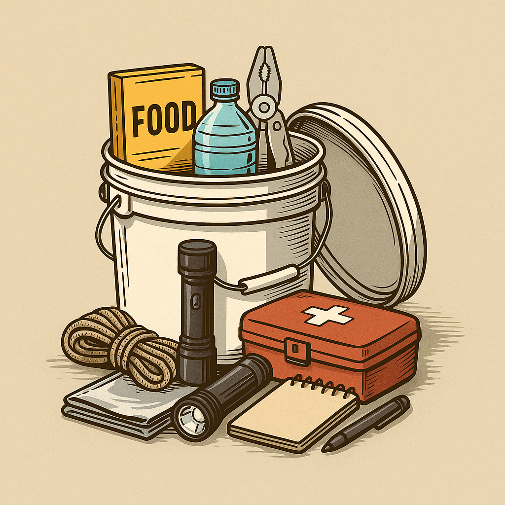 Illustrated 5-gallon bucket survival kit with flashlight, food, rope, and first aid supplies for emergency preparedness