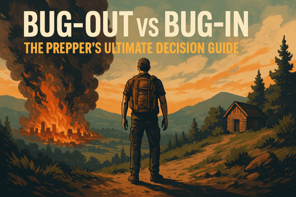 Illustration showing a prepper choosing between bug-out and bug-in survival strategies during a disaster — Backyard Bug Out