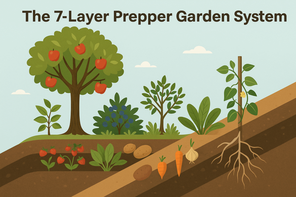 Illustration of a seven-layer prepper garden system showing fruit trees, shrubs, herbs, ground cover, root crops, and vines in a sustainable backyard design.
