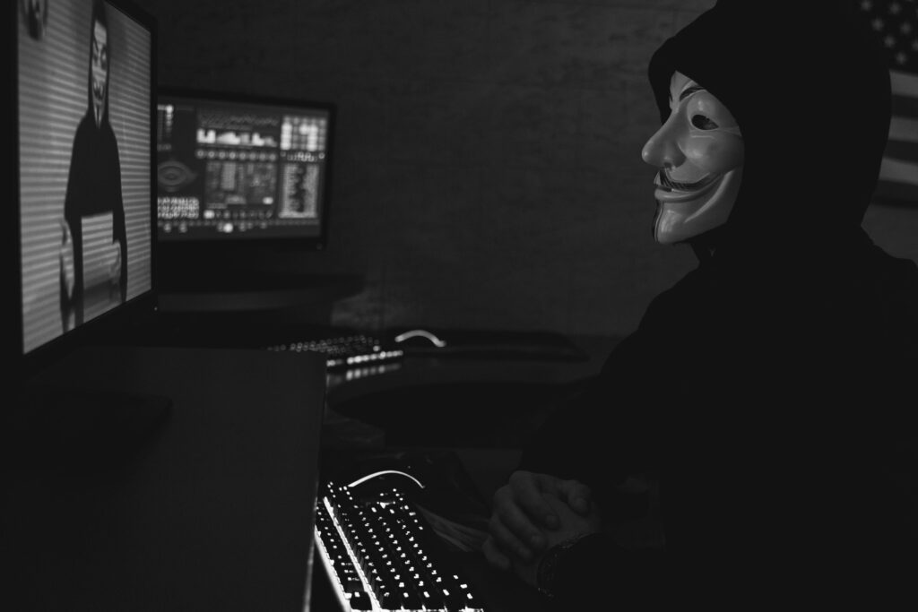 person in Guy Fawkes mask representing cyberattack survival during an internet blackout