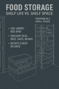 food storage | Backyard Bug Out Blueprint-style illustration of under-bed food storage bins and compact shelving system labeled with canned goods and vacuum-sealed survival foods — prepping in a small space.