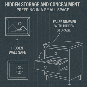 hidden storage | Backyard Bug Out Blueprint-style illustration showing hidden prepper storage with wall safe concealed behind artwork and a false drawer for secret gear — prepping in a small space.