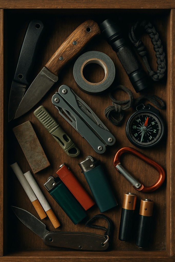 Flat lay of junk drawer survival tools including knife, duct tape, lighter, flashlight, and batteries arranged on wood surface.
