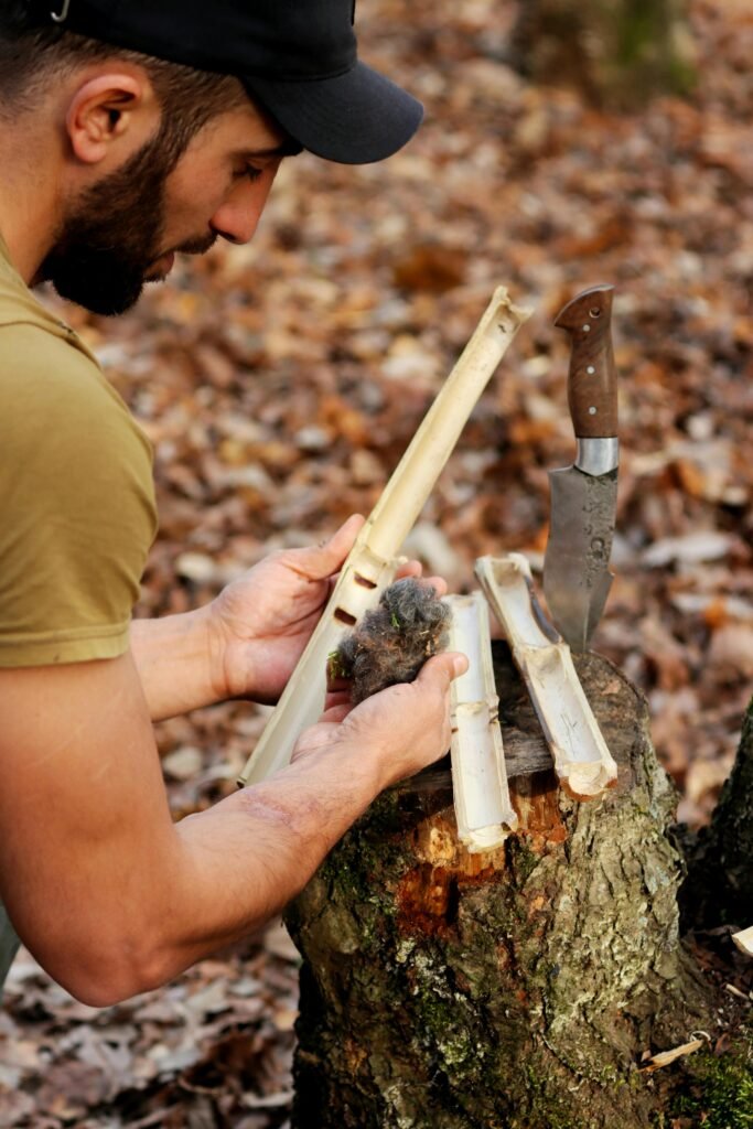 Man practicing prepping skills by starting a fire with wooden sticks outdoors