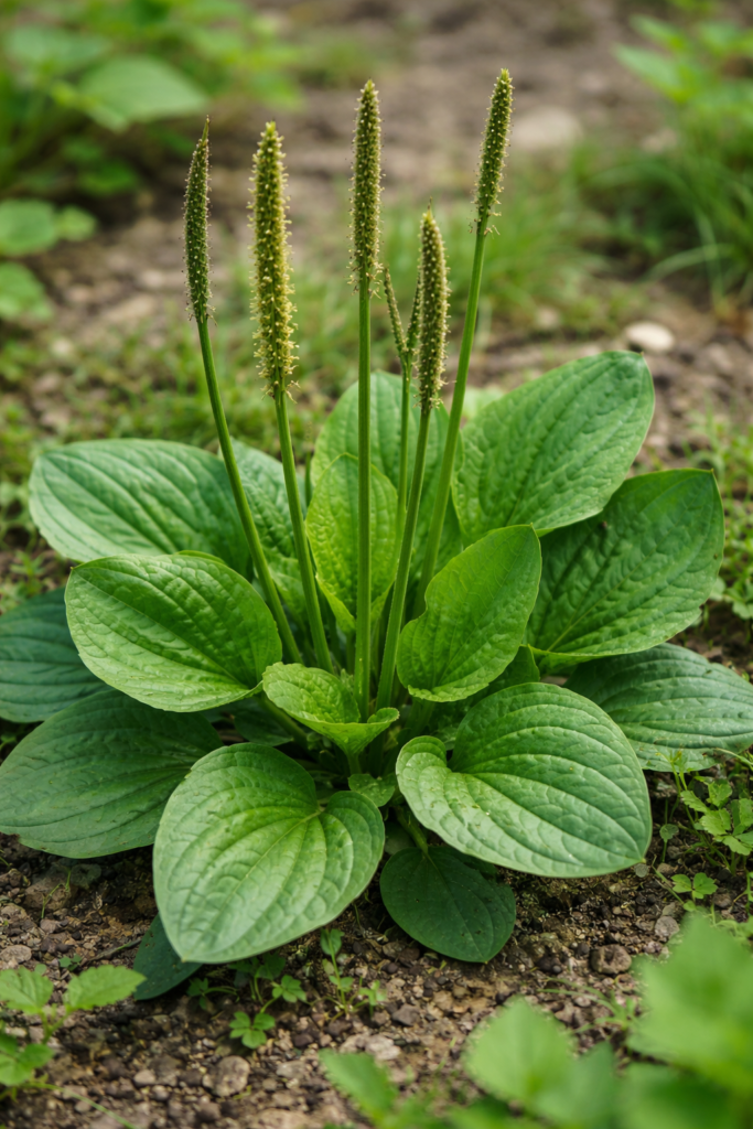 Medicinal plantain (Plantago major) growing naturally, showing broad green leaves and tall seed stalks