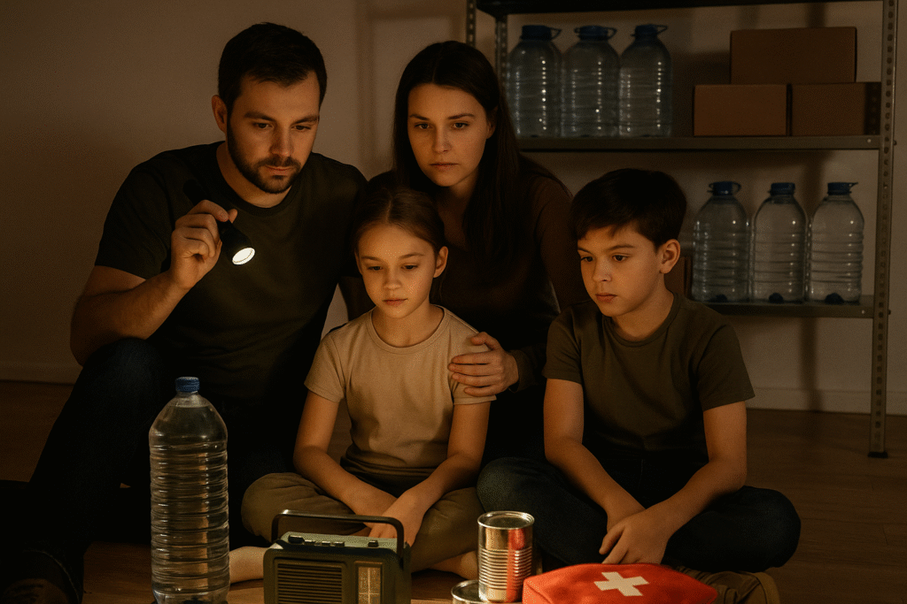 family calmly practicing shelter in place survival during a power outage.
