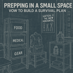 verticle storage | Backyard Bug Out Blueprint-style diagram of vertical prepper storage system with labeled bins for food, medical, and gear — prepping in a small space.