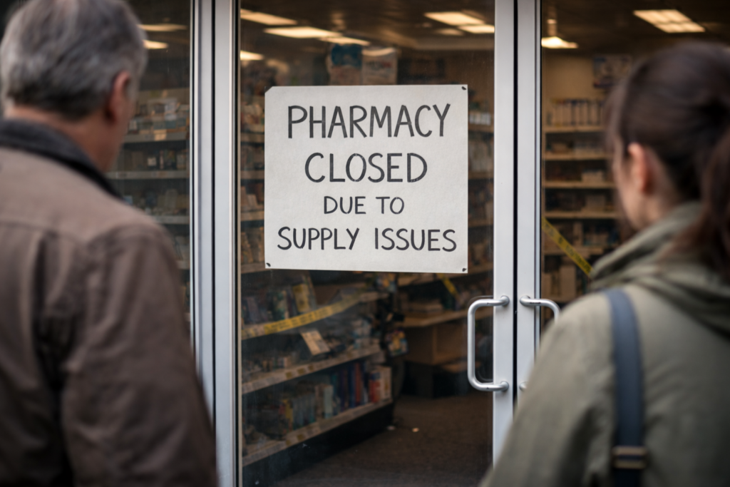 Pharmacy shutdown with closed storefront sign as customers stand outside during a medication supply disruption