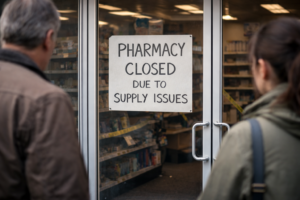 Pharmacy shutdown with closed storefront sign as customers stand outside during a medication supply disruption